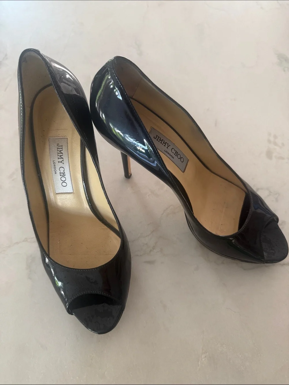 Jimmy Choo Black Patent Peep-Toe Stiletto Pumps size 40